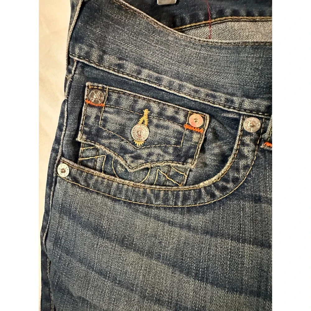 True Religion Mens Straight Flap Jeans Orange Stitching Distressed Size 36